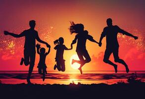 silhouet van een gelukkig familie jumping Aan de strand Bij zonsondergang generatief ai foto