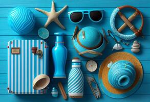 zomer vakantie items Aan blauw houten achtergrond. top visie met kopiëren ruimte generatief ai foto