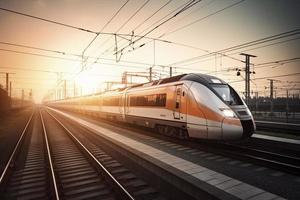 hoog snelheid trein in beweging Aan de spoorweg station Bij zonsondergang foto