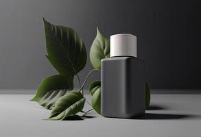kunstmatig fles met groen bladeren Aan een grijs achtergrond. 3d renderen generatief ai foto