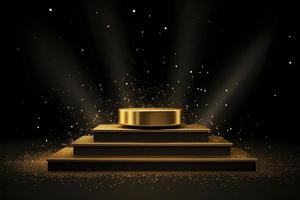 gouden podium met een spotlight Aan een donker achtergrond, vallend gouden confetti, eerste plaats, roem en populariteit foto