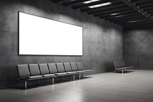 voorkant visie Aan blanco wit poster met ruimte voor uw logo of tekst Aan donker grijs steen muur in elegant leeg luchthaven aan het wachten Oppervlakte hal met elegant stoel rijen en houten verdieping foto