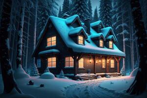 een sneeuw - gedekt huis in de Woud met blauw lichten ai gegenereerd foto