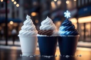 chocola vanille ijs room ijshoorntje advertenties met ijs kubussen en sneeuwvlokken ai gegenereerd foto