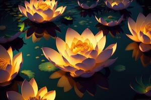 gouden lotus roos bloei Bij nacht in de water in de moeras fantasie magie bloem geel licht ai gegenereerd foto