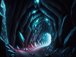 gloeiend kristal grot tunnel ai gegenereerd foto
