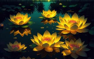 gouden lotus roos bloei Bij nacht in de water in de moeras fantasie magie bloem geel licht ai gegenereerd foto