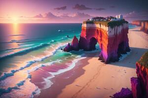 een schilderij van een strand met een klif in de achtergrond ai gegenereerd foto