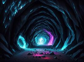 gloeiend kristal grot tunnel ai gegenereerd foto