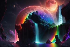 regenboog gekleurde gesmolten maan over- de waterval ai gegenereerd foto