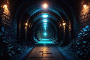 een donker tunnel met een blauw licht en een blauw licht ai gegenereerd foto