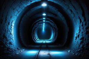 een donker tunnel met een blauw licht en een blauw licht ai gegenereerd foto