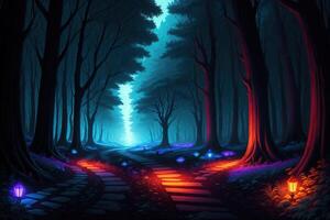 een pad leidend in een Woud Bij nacht fantasie mystiek ai gegenereerd foto