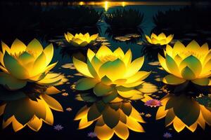 gouden lotus roos bloei Bij nacht in de water in de moeras fantasie magie bloem geel licht ai gegenereerd foto