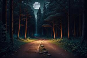 een pad in de bossen met de maan in de achtergrond ai gegenereerd foto