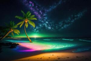 nacht zee kant kokosnoot boom groen gazonstrand ster heelal ai gegenereerd foto