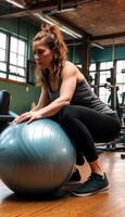 foto van vrouw atleet werken uit Aan pilates bal. generatief ai
