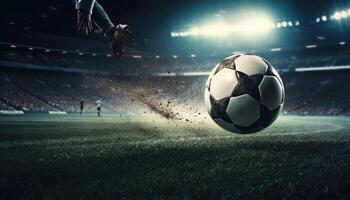 voet van Amerikaans voetbal speler raken voetbal bal snel in stadion. generatief ai foto