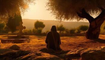 fotograaf van Jezus bidden in de tuin van getsemane. generatief ai foto