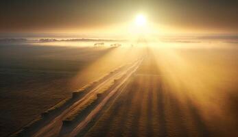 generatief ai, ochtend- boerderij landschap met zon, agrarisch velden in mist, mooi platteland, land weg. natuur illustratie, fotorealistisch top visie drone, horizontaal spandoek. foto