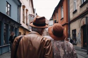 terug visie van een ouderen paar Bij stad straat. ouderen Mens en vrouw zijn wandelen samen, hebben romantisch relatie. gelukkig oud leeftijd. gemaakt met generatief ai foto