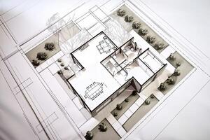 bouwkundig plan Aan wit papier. technisch project van leven kamer. tekening voor bouw. gemaakt met generatief ai foto