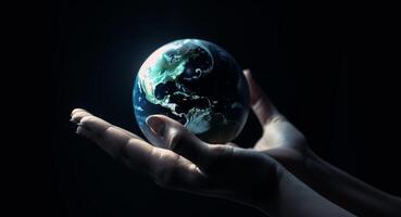hand- Holding de aarde planeet. aarde dag concept . ai gegenereerd. foto