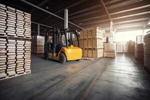 heftruck voor bezig met laden pallets met pakketjes in magazijn interieur. reclame distributie magazijn met schappen en dozen. gemaakt met generatief ai foto