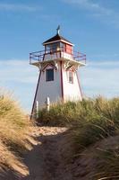 zanderig pad door de duinen naar een licht huis foto