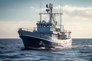 visvangst schip Bij zee water, oceaan expeditie generatief ai foto