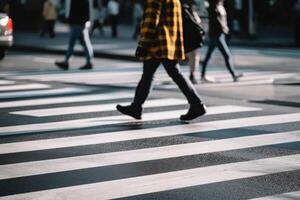 voetganger kruisen de weg Aan een zebra generatief ai foto