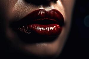 teder donker rood glimmend geschilderd groot lippen vrouw generatief ai foto