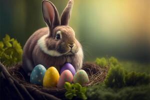 schattig Pasen buny zittend met Pasen eieren ai generatief afbeeldingen voor Pasen dag foto