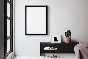 kader mockup hangende Aan de muur in minimalistische interieur kamer. ai gegenereerd foto