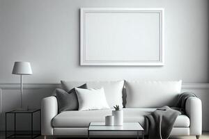 kader mockup hangende Aan de muur in minimalistische interieur kamer. ai gegenereerd foto