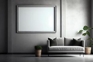 kader mockup hangende Aan de muur in minimalistische interieur kamer. ai gegenereerd foto