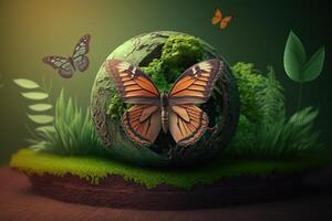 wereld milieu dag achtergrond met aarde en vlinder, aarde dag. generatief ai foto