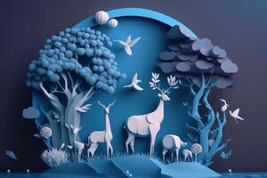 wereld milieu dag achtergrond met dieren in het wild papier besnoeiing stijl. generatief ai foto
