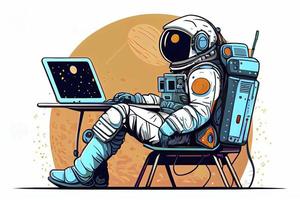 de robot astronaut Mens zit met laptop. zoeken Aan de internetten. internet surfing foto