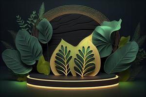 neon hout plak podium en groen bladeren concept tafereel stadium vitrine voor nieuw Product foto
