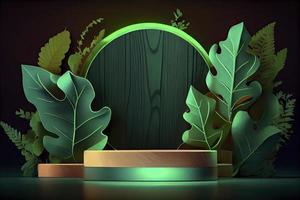 neon hout plak podium en groen bladeren concept tafereel stadium vitrine voor nieuw Product foto