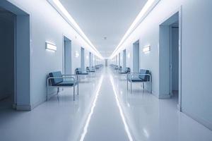 lang ziekenhuis helder gang met kamers en blauw stoelen 3d renderen foto