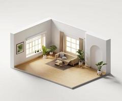 isometrische visie leven kamer muji stijl Open binnen interieur architectuur 3d renderen digitaal kunst foto