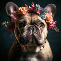 schattig bulldog vervelend krans van bloemen foto