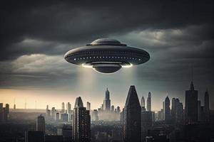 onheilspellend ufo bovenstaand de stad foto