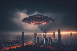 onheilspellend ufo bovenstaand de stad foto