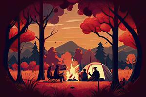 familie genieten van vakantie camping Bij platteland in herfst, groep van mensen zittend in de buurt de tent foto