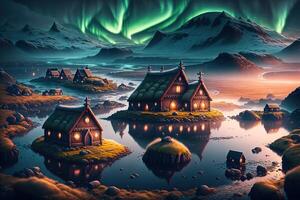 viking huizen in een viking landschap noordelijk lichten in de donker door ai gegenereerd foto