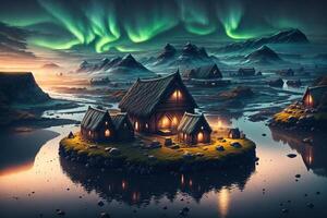 viking huizen in een viking landschap noordelijk lichten in de donker door ai gegenereerd foto