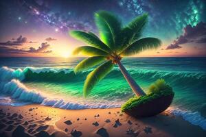 nacht zee kant kokosnoot boom groen gazonstrand ster heelal door ai gegenereerd foto